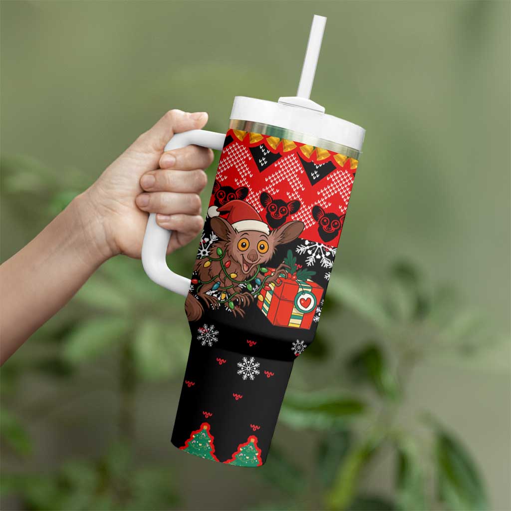 Madagascar Christmas Tumbler With Handle with Aye Aye Lemur Santa Hat Holiday Lights and Gift Box Pattern - Wonder Print Shop