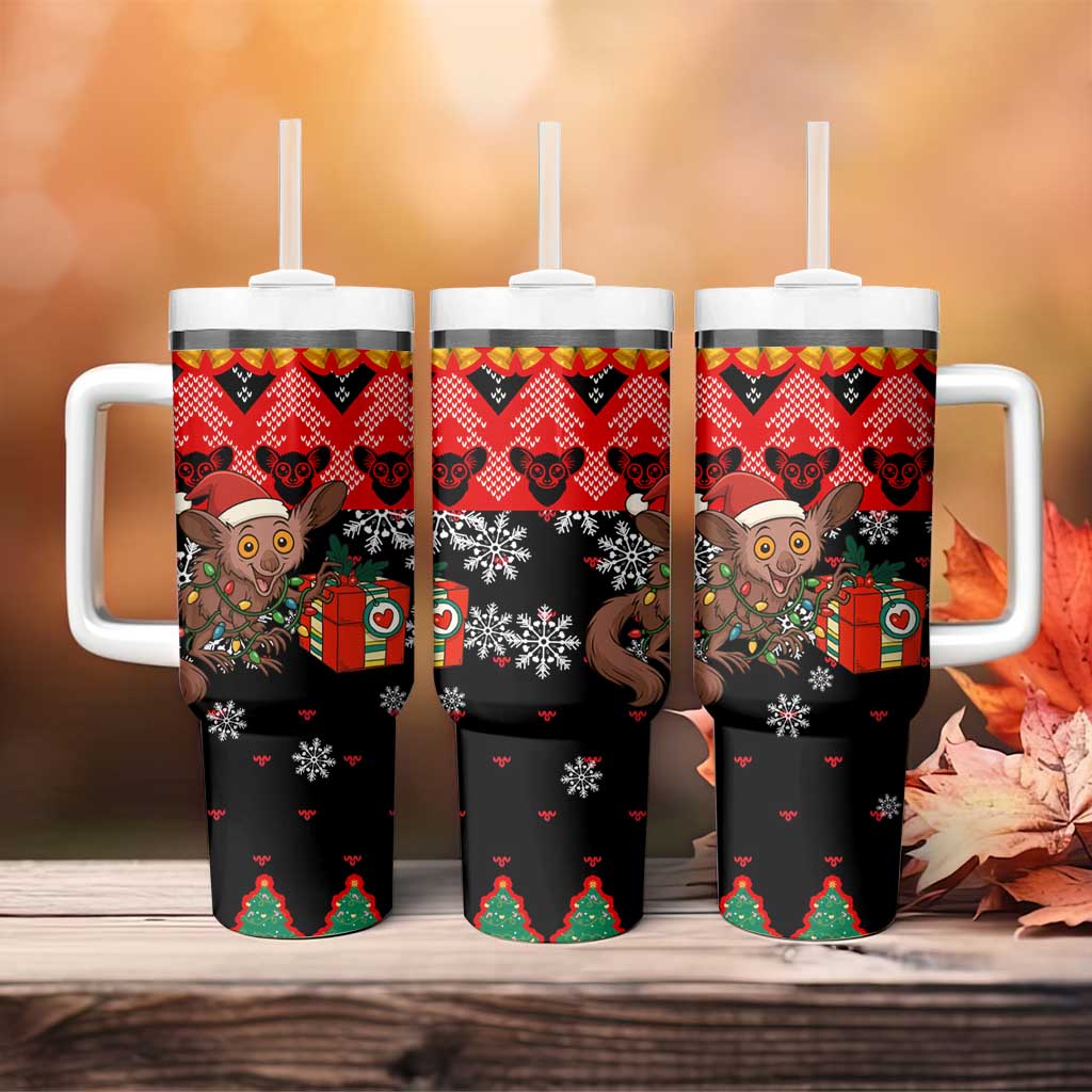 Madagascar Christmas Tumbler With Handle with Aye Aye Lemur Santa Hat Holiday Lights and Gift Box Pattern - Wonder Print Shop