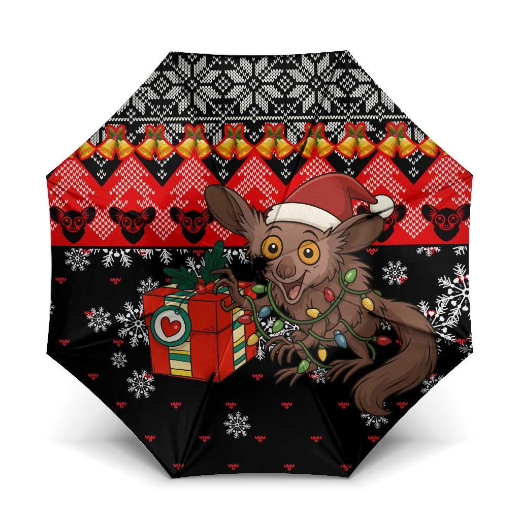 Madagascar Christmas Umbrella with Aye Aye Lemur Santa Hat Holiday Lights and Gift Box Pattern - Wonder Print Shop