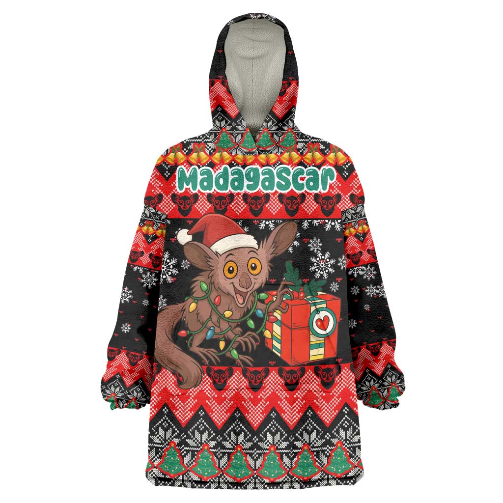 Madagascar Christmas Wearable Blanket Hoodie with Aye Aye Lemur Santa Hat Holiday Lights and Gift Box Pattern - Wonder Print Shop
