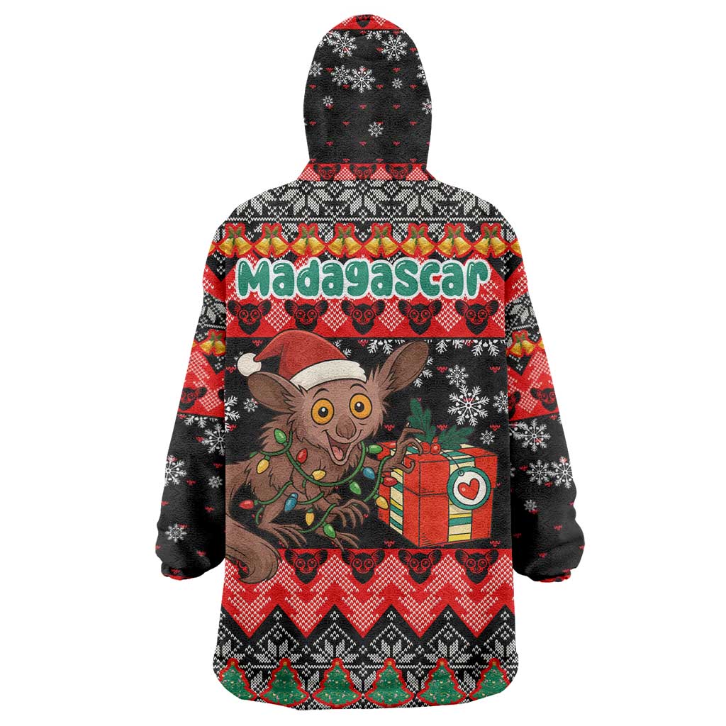 Madagascar Christmas Wearable Blanket Hoodie with Aye Aye Lemur Santa Hat Holiday Lights and Gift Box Pattern - Wonder Print Shop