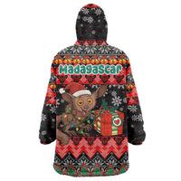 Madagascar Christmas Wearable Blanket Hoodie with Aye Aye Lemur Santa Hat Holiday Lights and Gift Box Pattern - Wonder Print Shop
