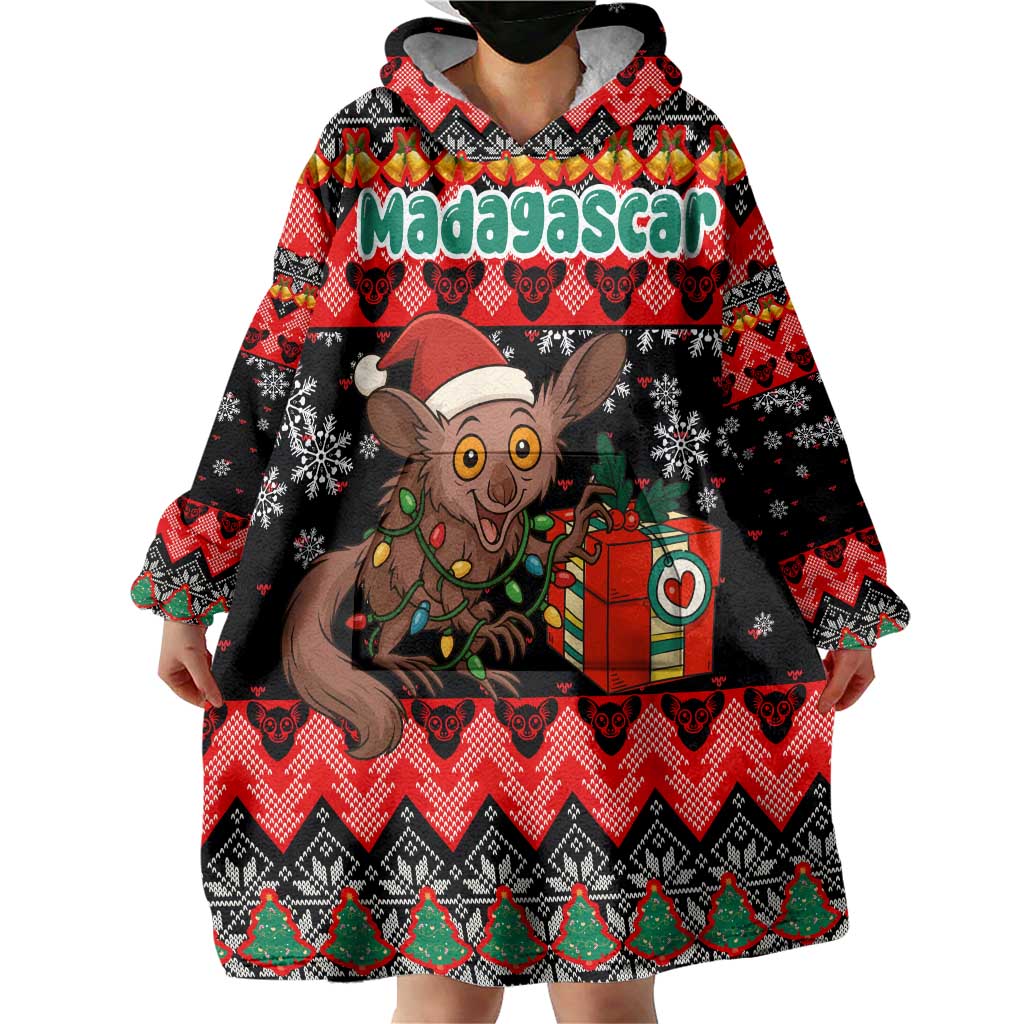 Madagascar Christmas Wearable Blanket Hoodie with Aye Aye Lemur Santa Hat Holiday Lights and Gift Box Pattern - Wonder Print Shop