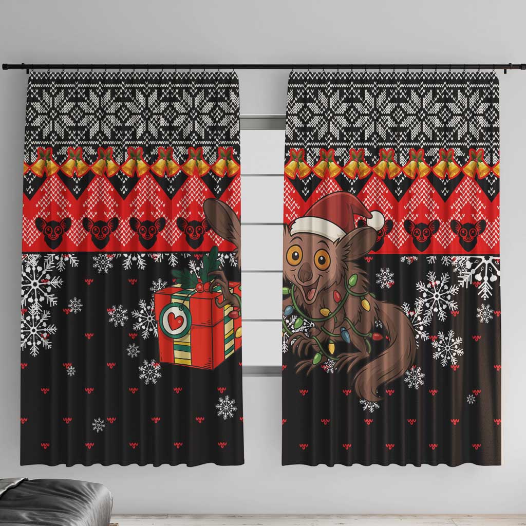 Madagascar Christmas Window Curtain with Aye Aye Lemur Santa Hat Holiday Lights and Gift Box Pattern - Wonder Print Shop