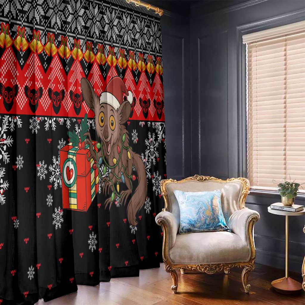 Madagascar Christmas Window Curtain with Aye Aye Lemur Santa Hat Holiday Lights and Gift Box Pattern - Wonder Print Shop