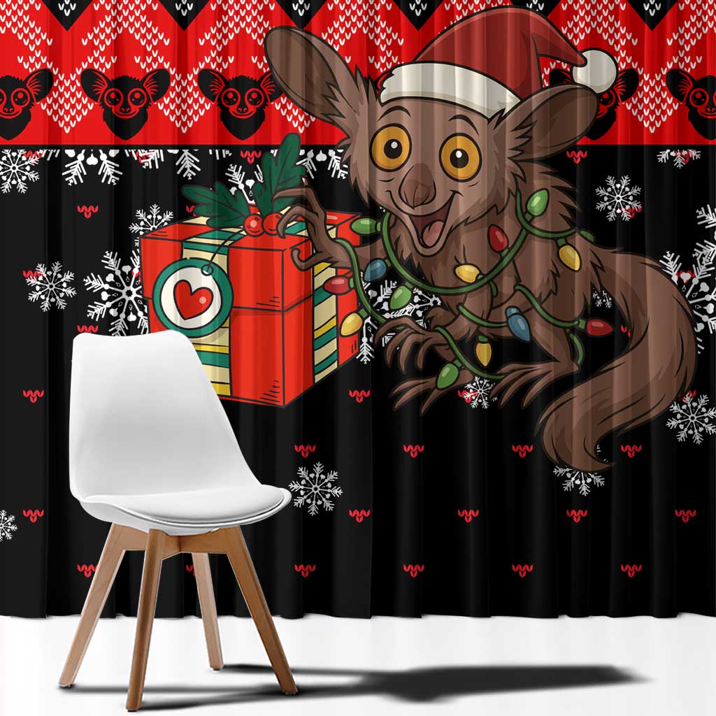 Madagascar Christmas Window Curtain with Aye Aye Lemur Santa Hat Holiday Lights and Gift Box Pattern - Wonder Print Shop