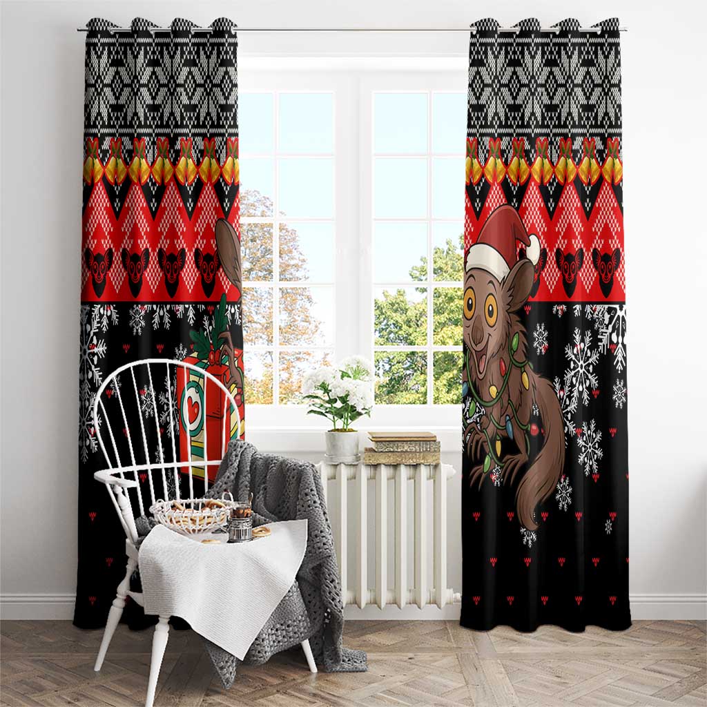Madagascar Christmas Window Curtain with Aye Aye Lemur Santa Hat Holiday Lights and Gift Box Pattern - Wonder Print Shop
