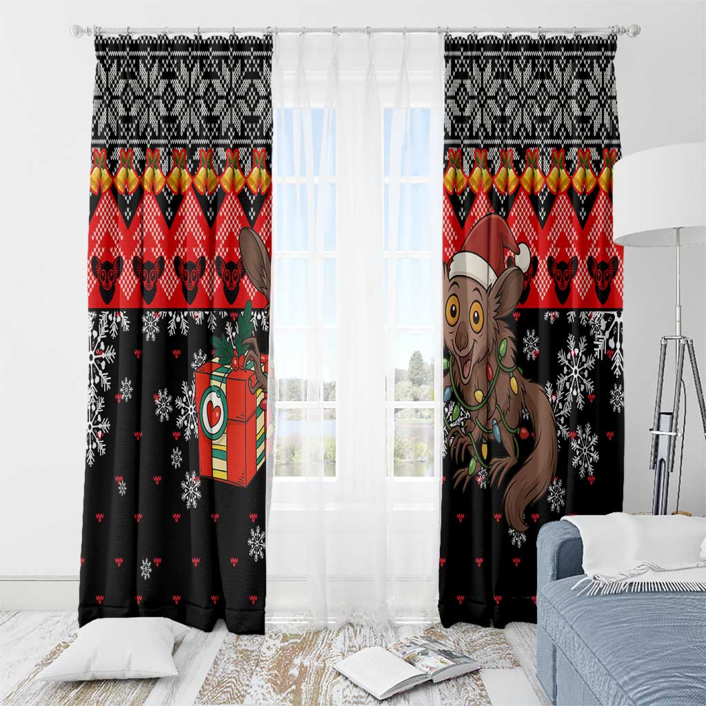 Madagascar Christmas Window Curtain with Aye Aye Lemur Santa Hat Holiday Lights and Gift Box Pattern - Wonder Print Shop
