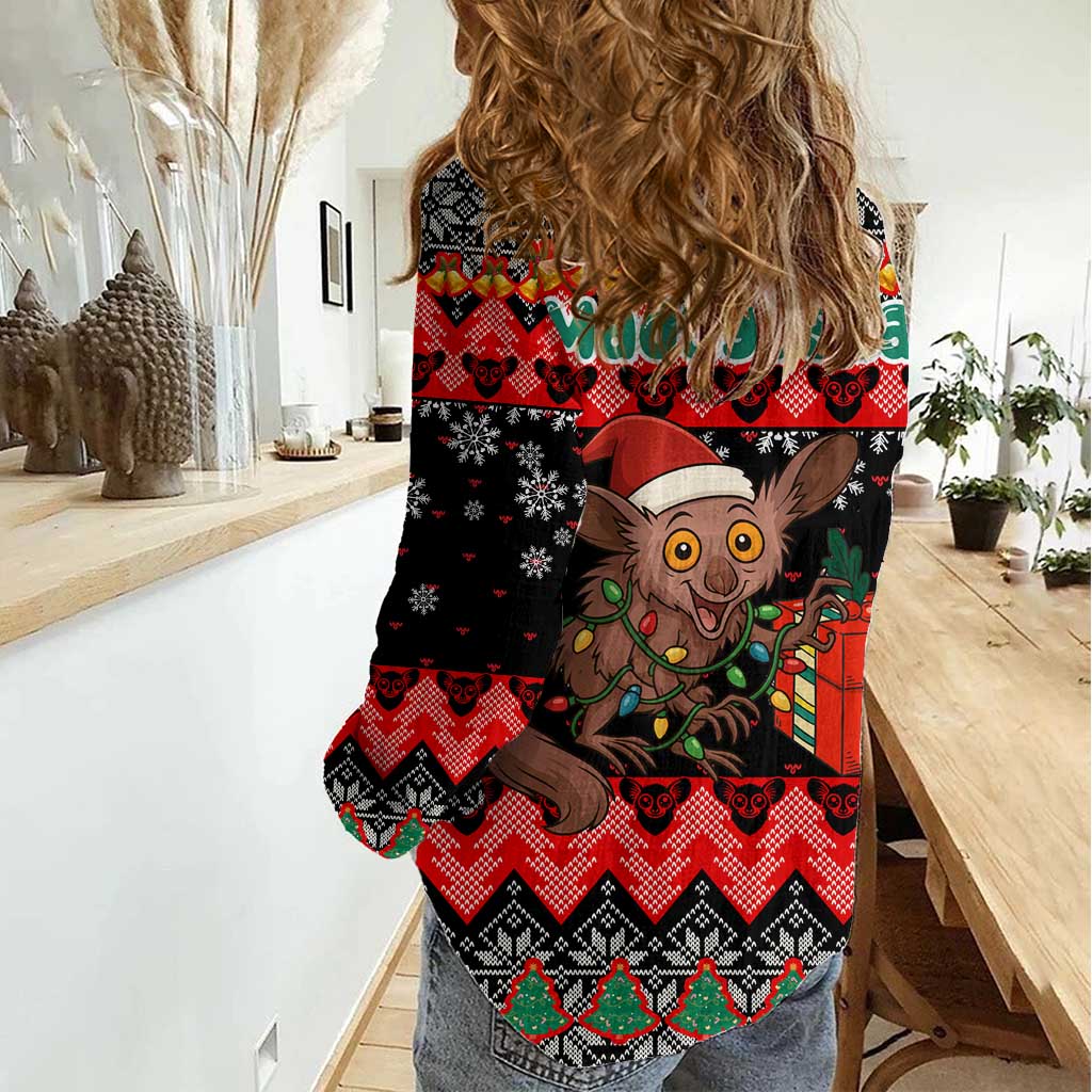 Madagascar Christmas Women Casual Shirt with Aye Aye Lemur Santa Hat Holiday Lights and Gift Box Pattern - Wonder Print Shop