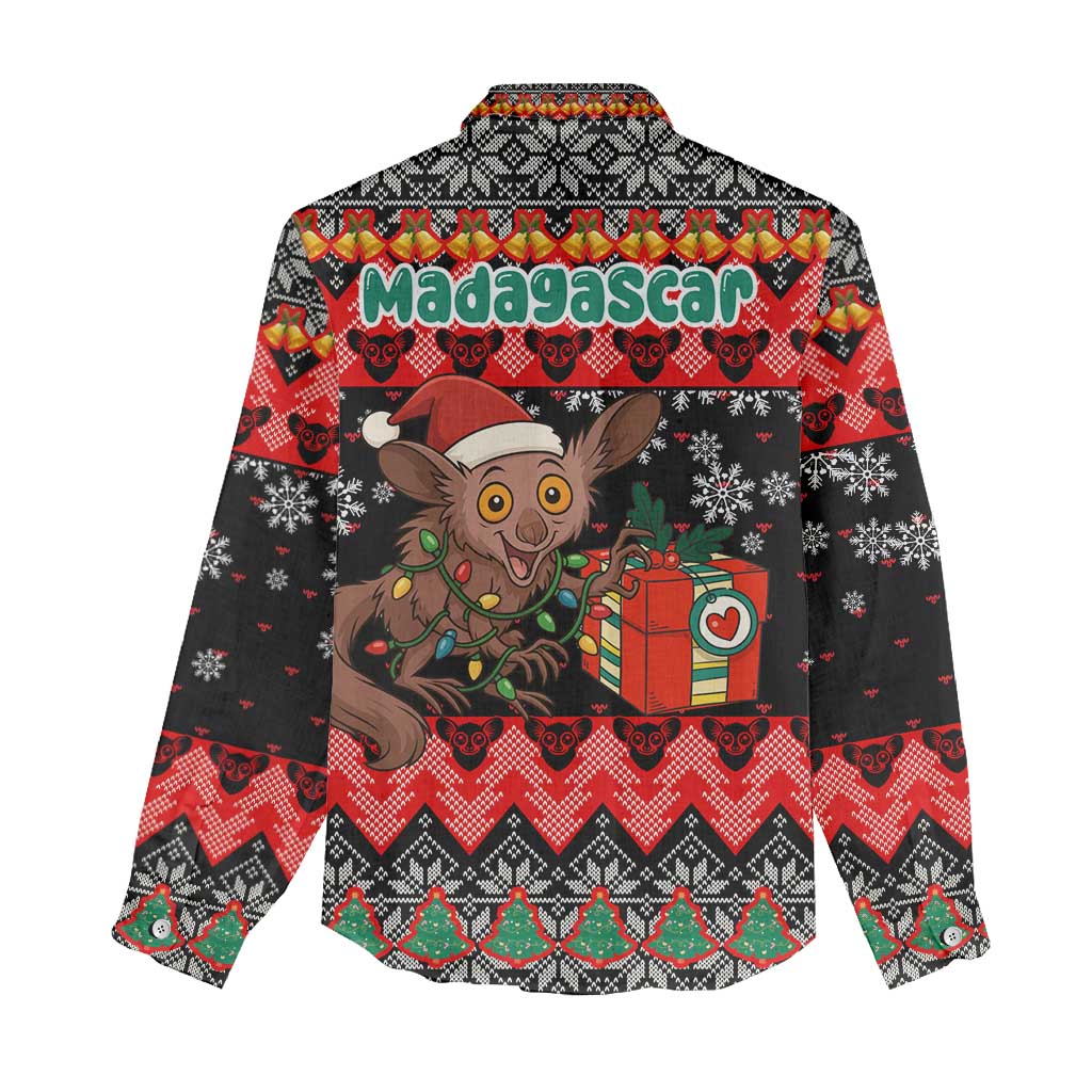 Madagascar Christmas Women Casual Shirt with Aye Aye Lemur Santa Hat Holiday Lights and Gift Box Pattern - Wonder Print Shop