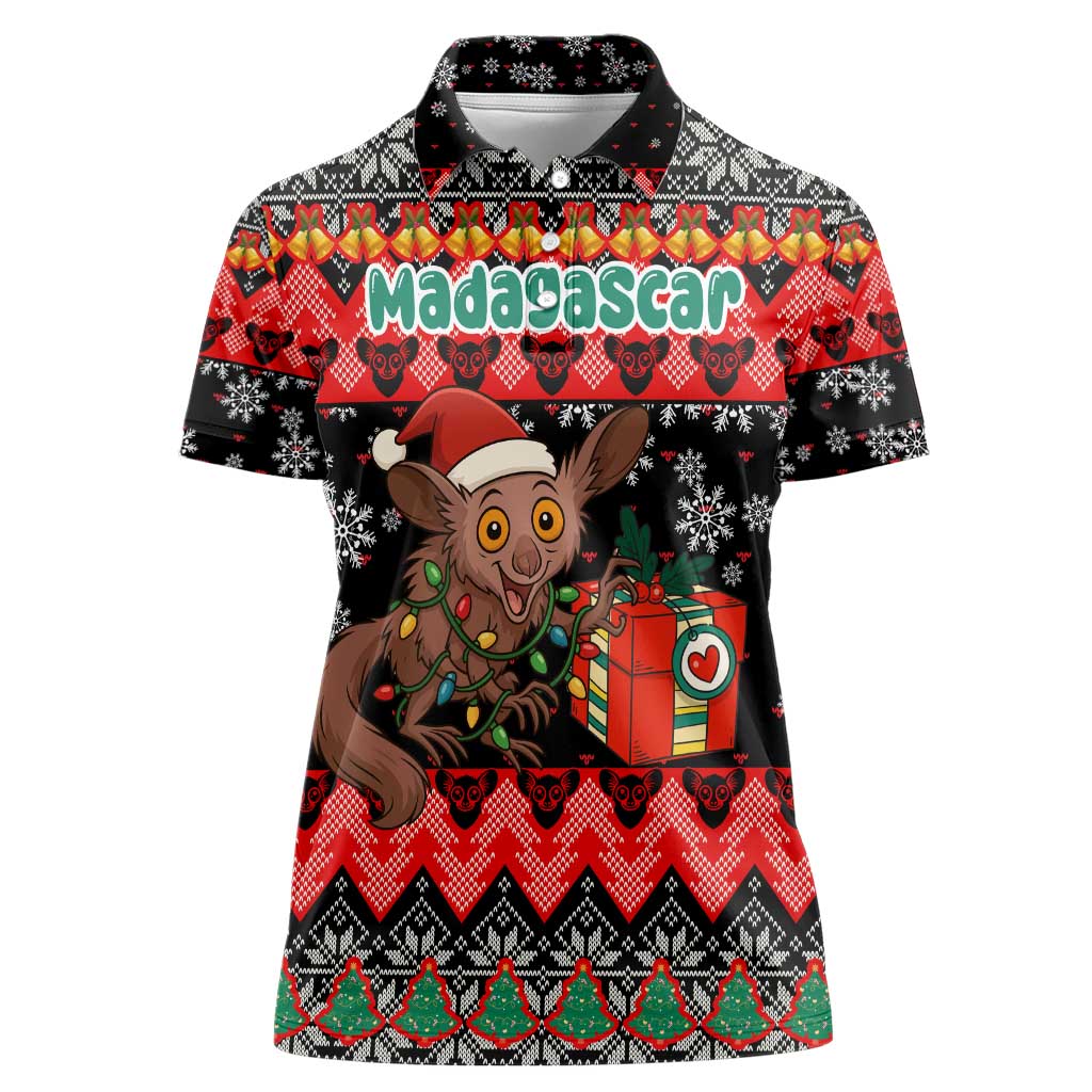 Madagascar Christmas Women Polo Shirt with Aye Aye Lemur Santa Hat Holiday Lights and Gift Box Pattern - Wonder Print Shop