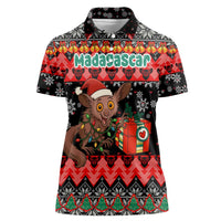 Madagascar Christmas Women Polo Shirt with Aye Aye Lemur Santa Hat Holiday Lights and Gift Box Pattern - Wonder Print Shop