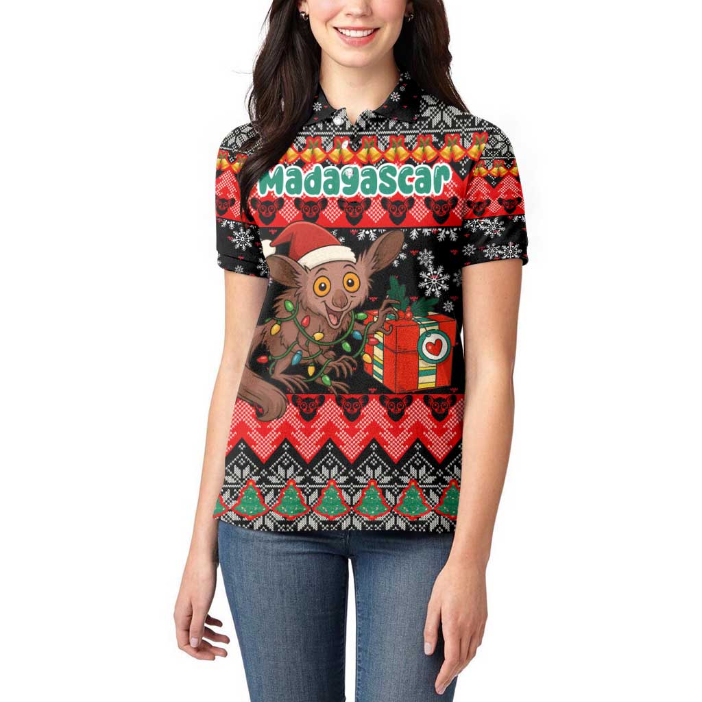 Madagascar Christmas Women Polo Shirt with Aye Aye Lemur Santa Hat Holiday Lights and Gift Box Pattern - Wonder Print Shop