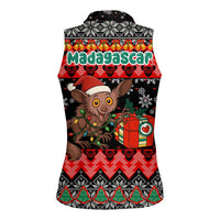 Madagascar Christmas Women Sleeveless Polo Shirt with Aye Aye Lemur Santa Hat Holiday Lights and Gift Box Pattern - Wonder Print Shop
