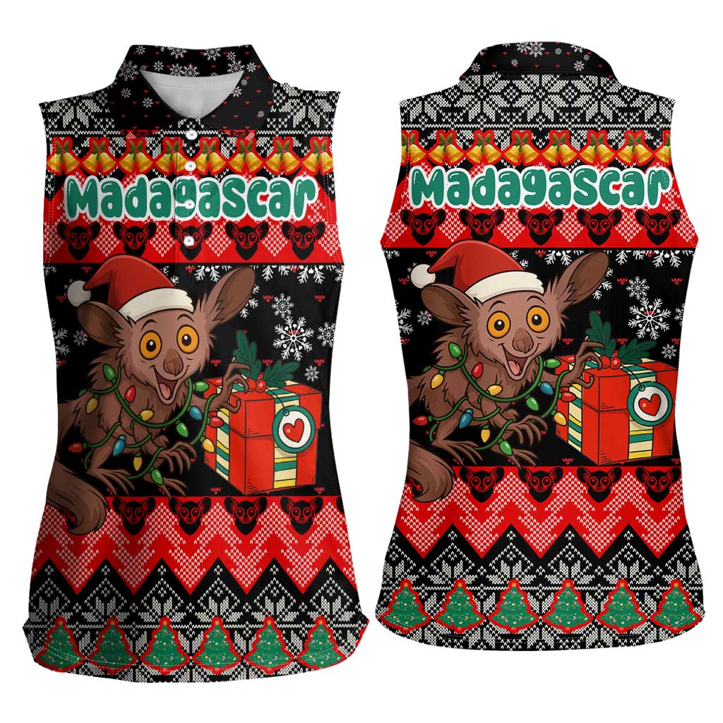 Madagascar Christmas Women Sleeveless Polo Shirt with Aye Aye Lemur Santa Hat Holiday Lights and Gift Box Pattern - Wonder Print Shop
