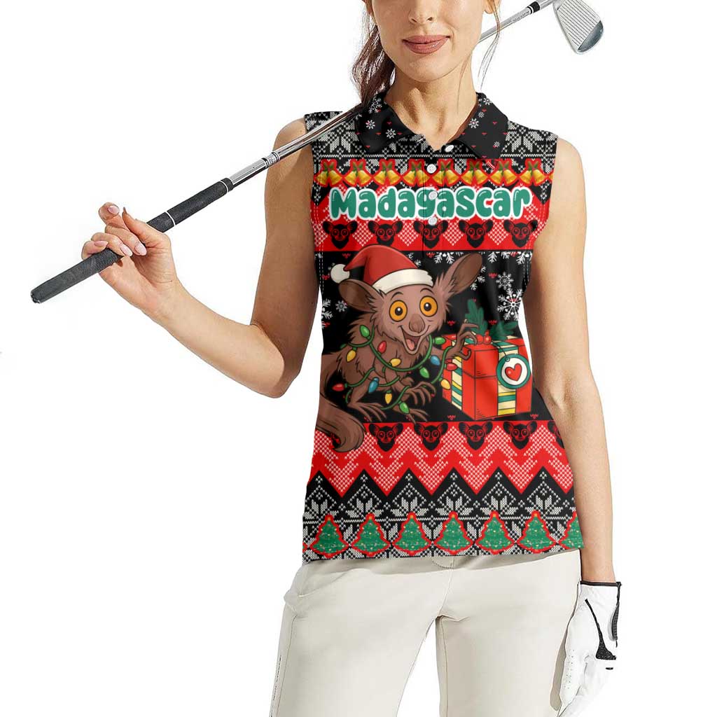 Madagascar Christmas Women Sleeveless Polo Shirt with Aye Aye Lemur Santa Hat Holiday Lights and Gift Box Pattern - Wonder Print Shop