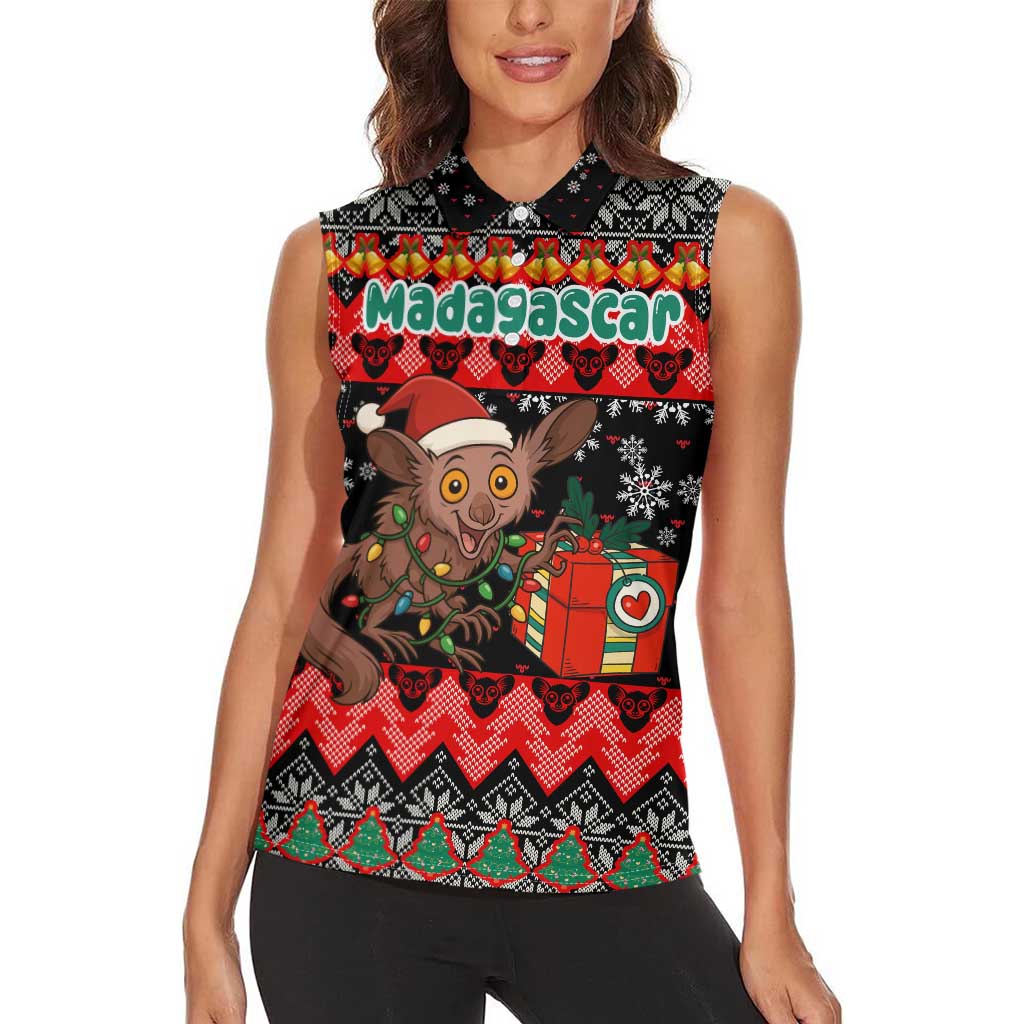 Madagascar Christmas Women Sleeveless Polo Shirt with Aye Aye Lemur Santa Hat Holiday Lights and Gift Box Pattern - Wonder Print Shop