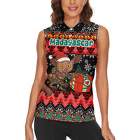 Madagascar Christmas Women Sleeveless Polo Shirt with Aye Aye Lemur Santa Hat Holiday Lights and Gift Box Pattern - Wonder Print Shop