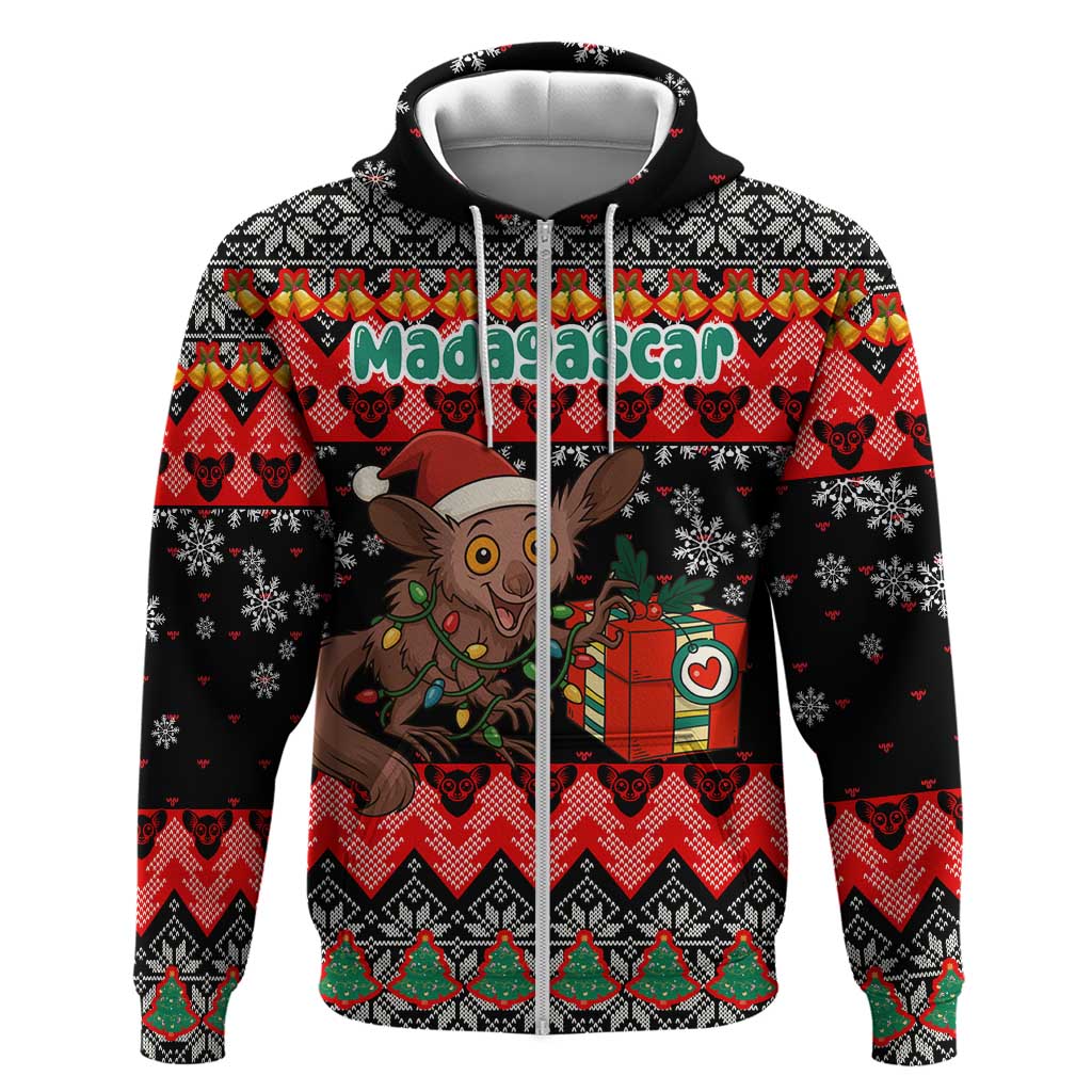 Madagascar Christmas Zip Hoodie with Aye Aye Lemur Santa Hat Holiday Lights and Gift Box Pattern - Wonder Print Shop