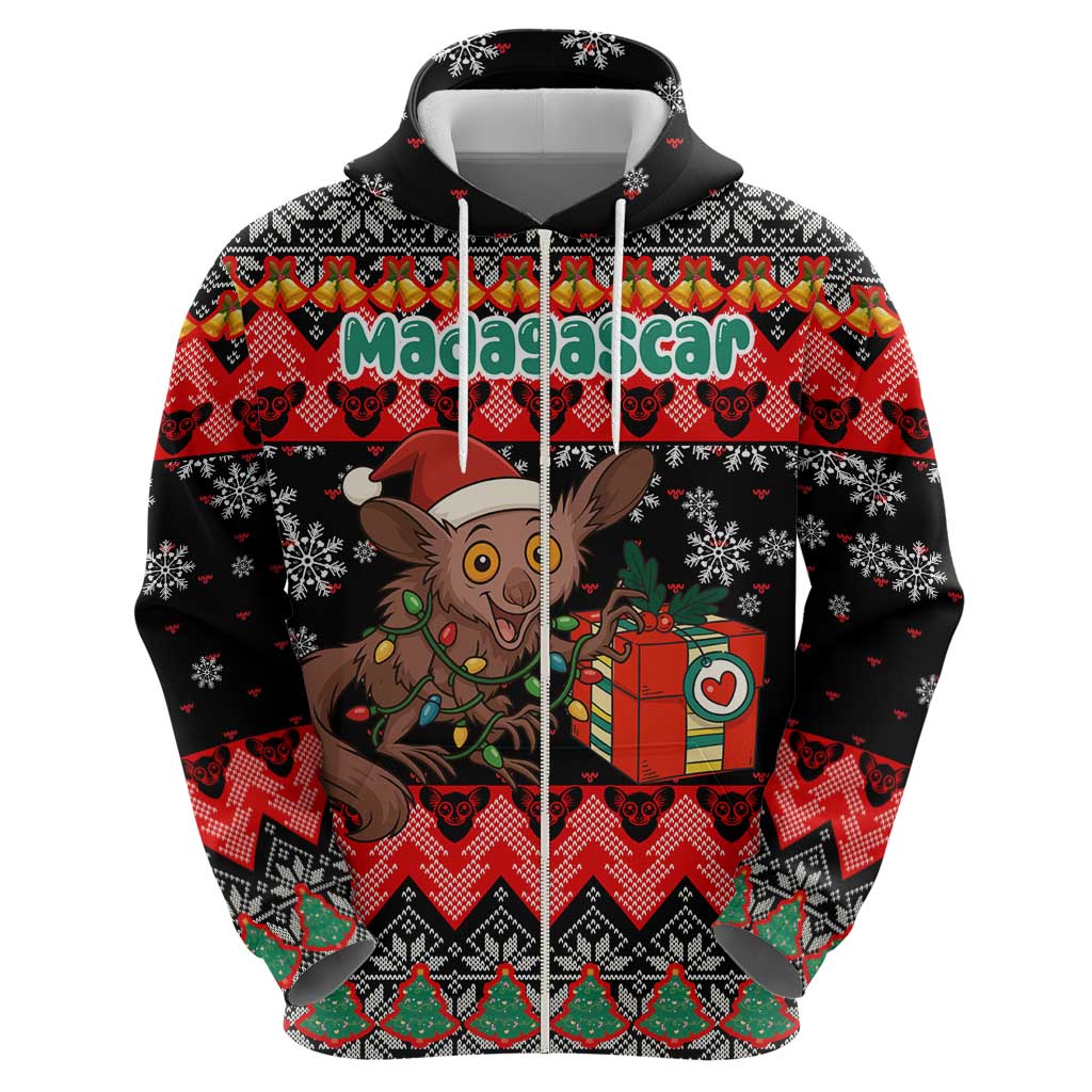 Madagascar Christmas Zip Hoodie with Aye Aye Lemur Santa Hat Holiday Lights and Gift Box Pattern - Wonder Print Shop