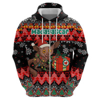Madagascar Christmas Zip Hoodie with Aye Aye Lemur Santa Hat Holiday Lights and Gift Box Pattern - Wonder Print Shop