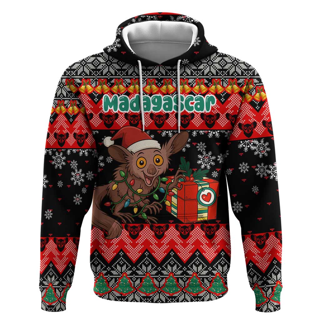 Madagascar Christmas Zip Hoodie with Aye Aye Lemur Santa Hat Holiday Lights and Gift Box Pattern - Wonder Print Shop