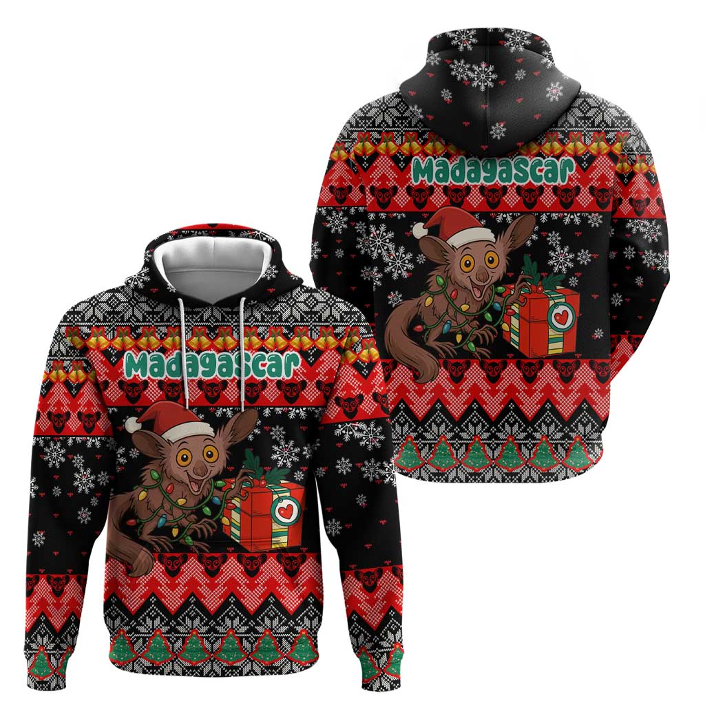 Madagascar Christmas Zip Hoodie with Aye Aye Lemur Santa Hat Holiday Lights and Gift Box Pattern - Wonder Print Shop