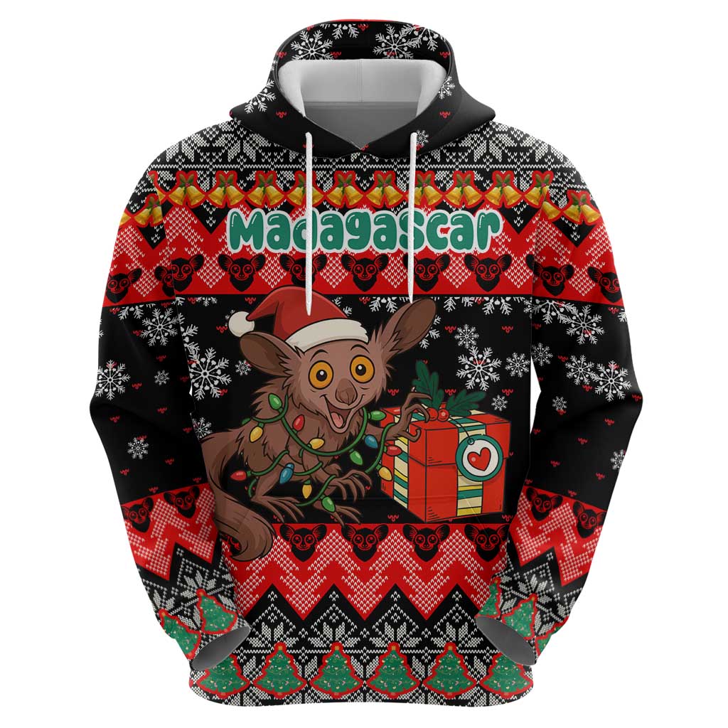 Madagascar Christmas Zip Hoodie with Aye Aye Lemur Santa Hat Holiday Lights and Gift Box Pattern - Wonder Print Shop