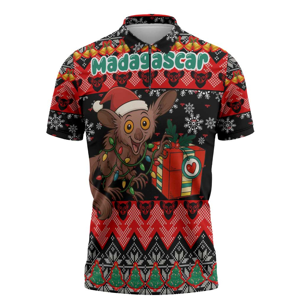 Madagascar Christmas Zipper Polo Shirt with Aye Aye Lemur Santa Hat Holiday Lights and Gift Box Pattern - Wonder Print Shop