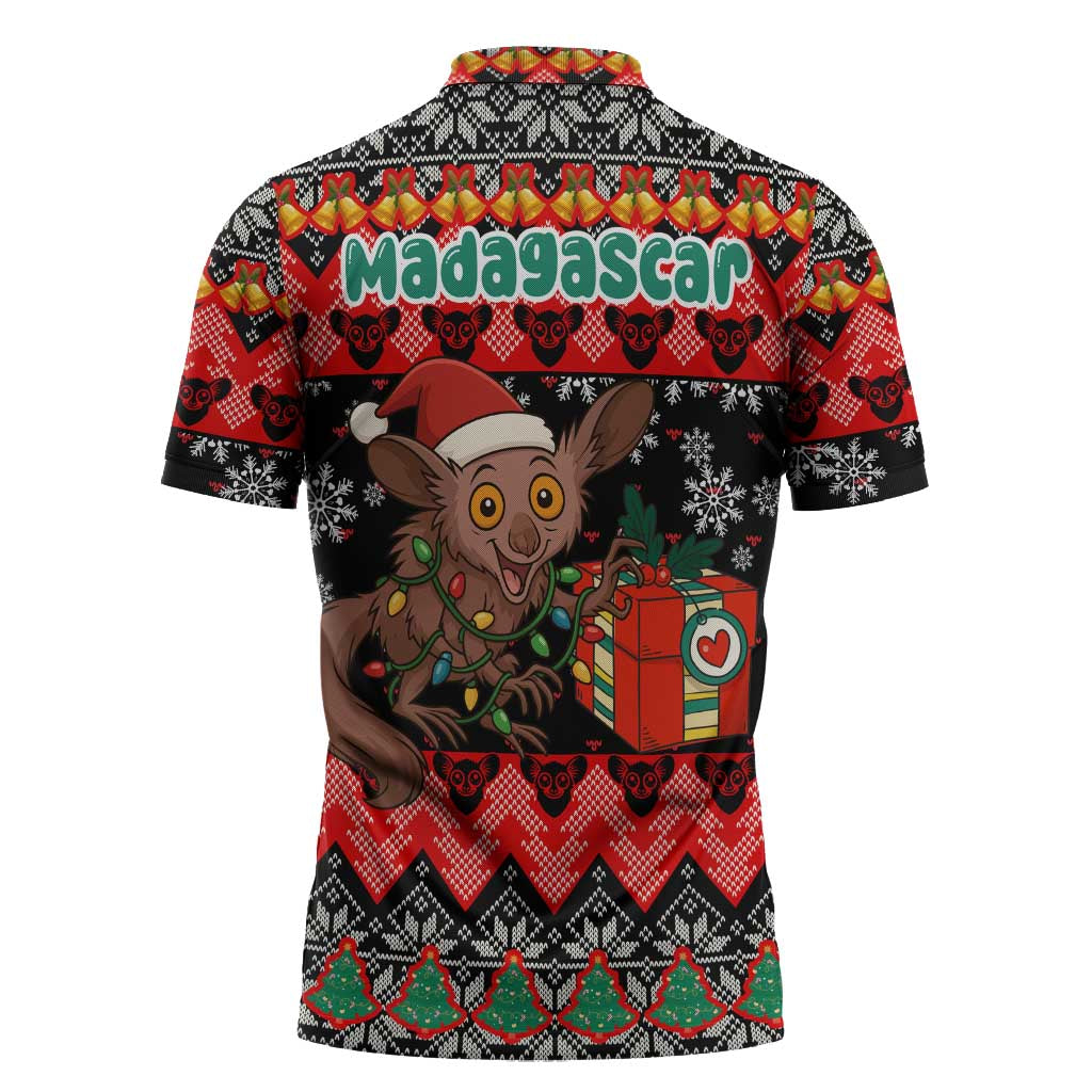 Madagascar Christmas Zipper Polo Shirt with Aye Aye Lemur Santa Hat Holiday Lights and Gift Box Pattern - Wonder Print Shop