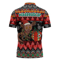 Madagascar Christmas Zipper Polo Shirt with Aye Aye Lemur Santa Hat Holiday Lights and Gift Box Pattern - Wonder Print Shop
