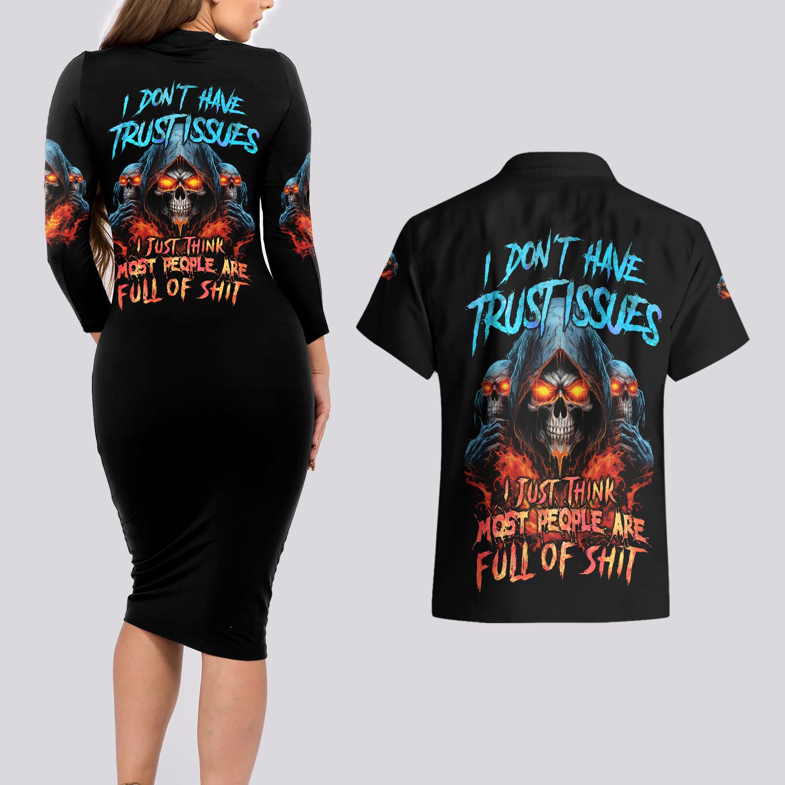 I Don't Have Trust Issues Couples Matching Long Sleeve Bodycon Dress and Hawaiian Shirt - Wonder Print Shop