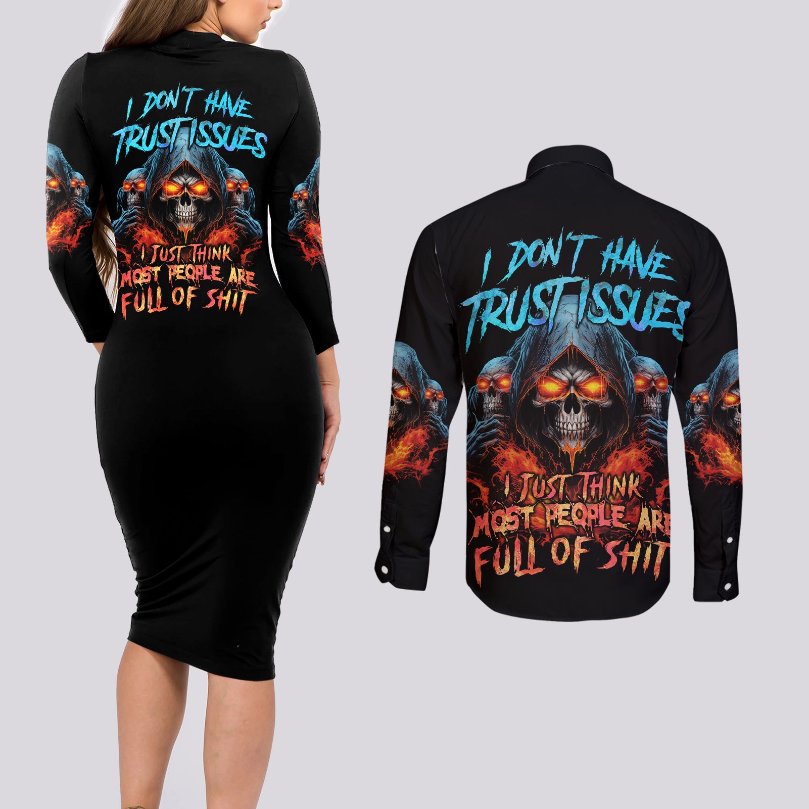 I Don't Have Trust Issues Couples Matching Long Sleeve Bodycon Dress and Long Sleeve Button Shirt - Wonder Print Shop