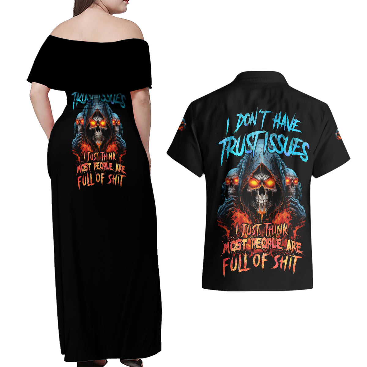 I Don't Have Trust Issues Couples Matching Off Shoulder Maxi Dress and Hawaiian Shirt - Wonder Print Shop