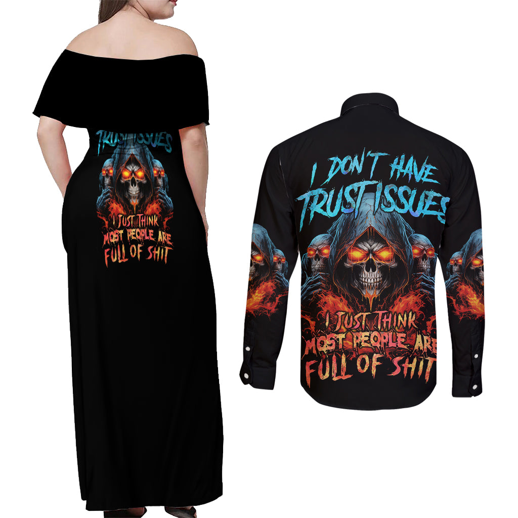 I Don't Have Trust Issues Couples Matching Off Shoulder Maxi Dress and Long Sleeve Button Shirt - Wonder Print Shop