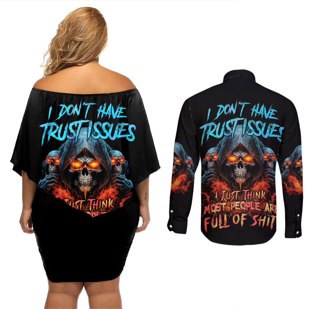 I Don't Have Trust Issues Couples Matching Off Shoulder Short Dress and Long Sleeve Button Shirt - Wonder Print Shop