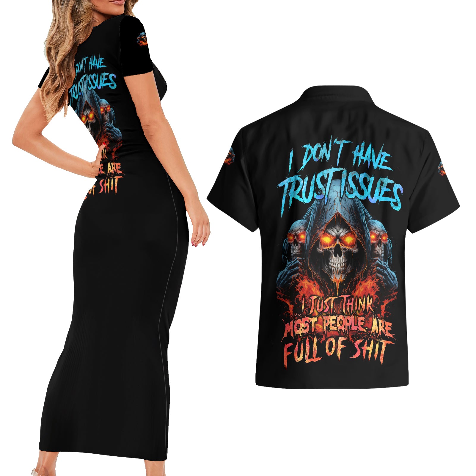 I Don't Have Trust Issues Couples Matching Short Sleeve Bodycon Dress and Hawaiian Shirt - Wonder Print Shop