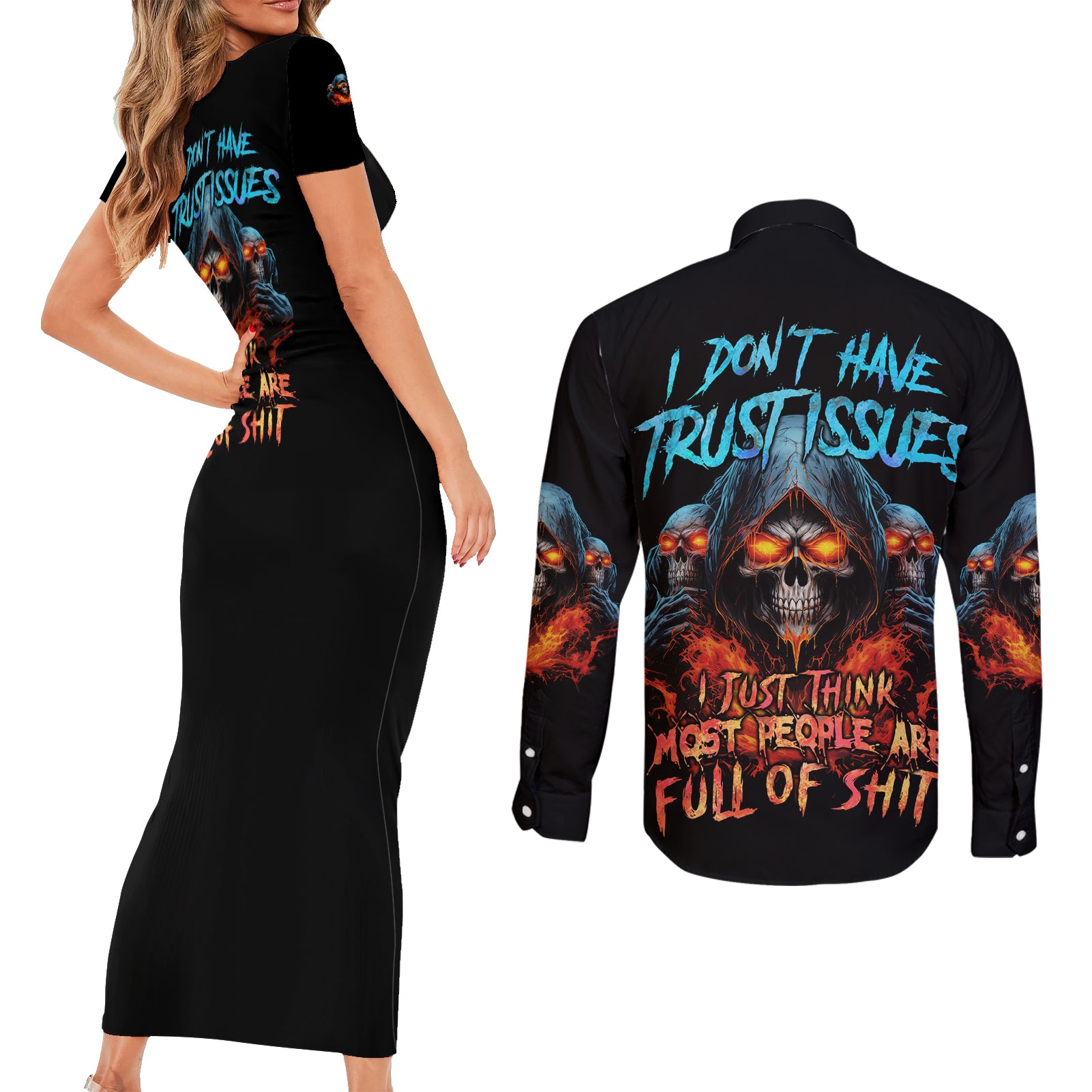 I Don't Have Trust Issues Couples Matching Short Sleeve Bodycon Dress and Long Sleeve Button Shirt - Wonder Print Shop
