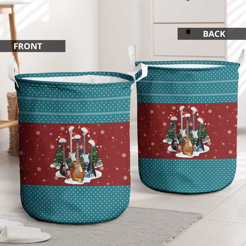 Christmas Guitar Laundry Basket with Santa Hats Trees Snowflakes and Musical Pattern - Wonder Print Shop