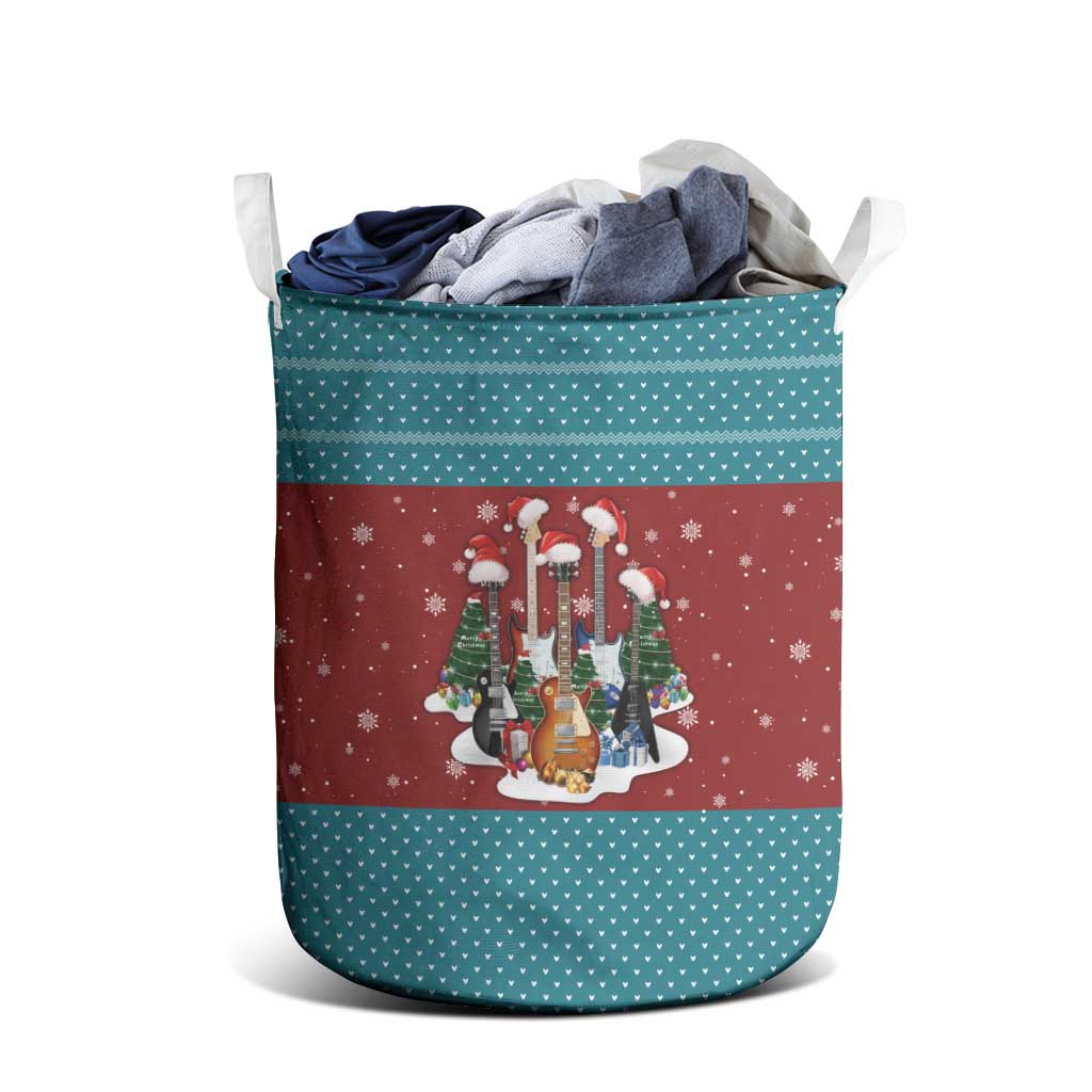 Christmas Guitar Laundry Basket with Santa Hats Trees Snowflakes and Musical Pattern - Wonder Print Shop