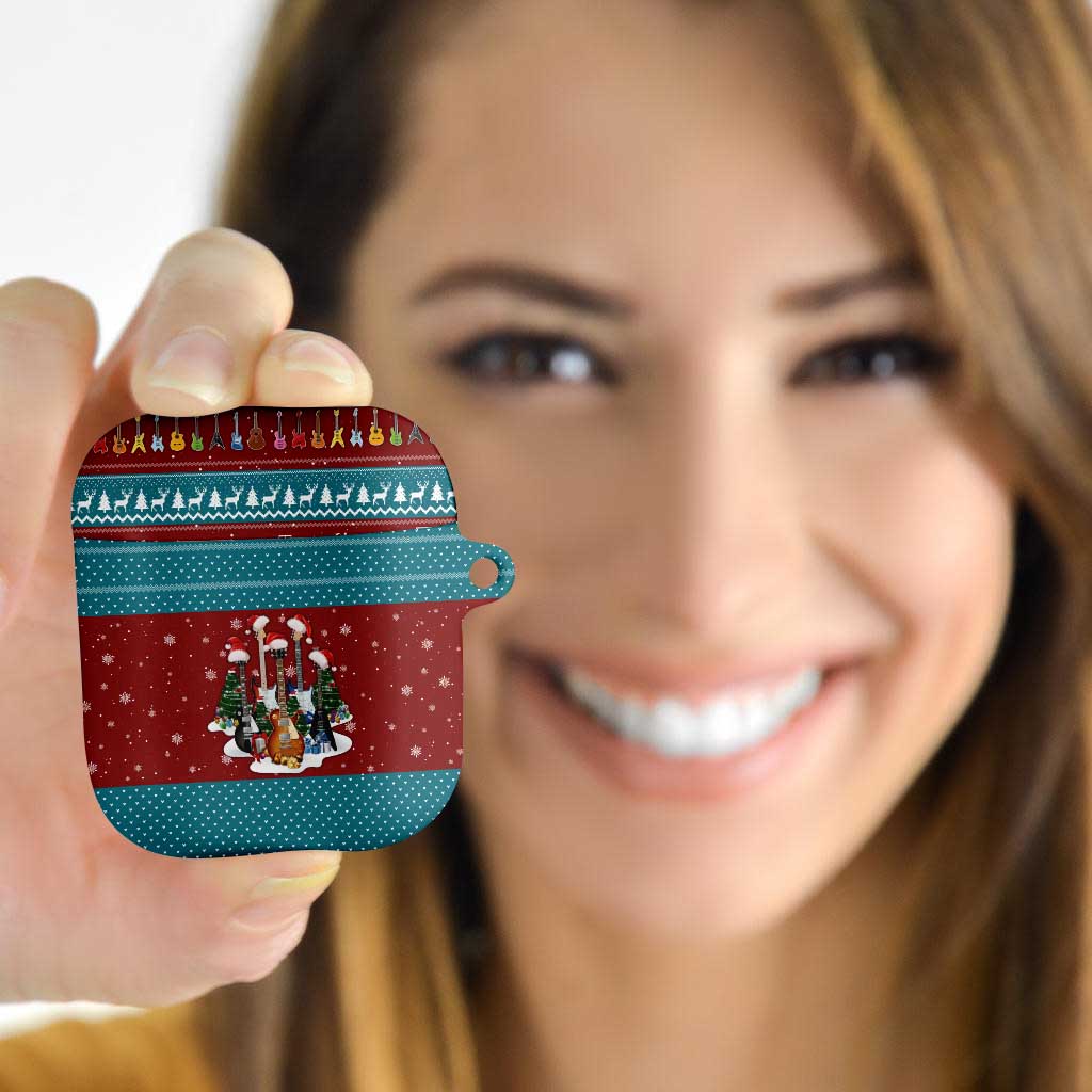 Christmas Guitar AirPods Case with Santa Hats Trees Snowflakes and Musical Pattern - Wonder Print Shop