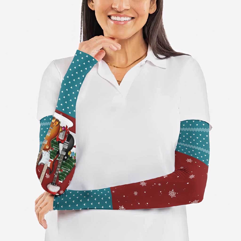 Christmas Guitar Arm Sleeves with Santa Hats Trees Snowflakes and Musical Pattern - Wonder Print Shop