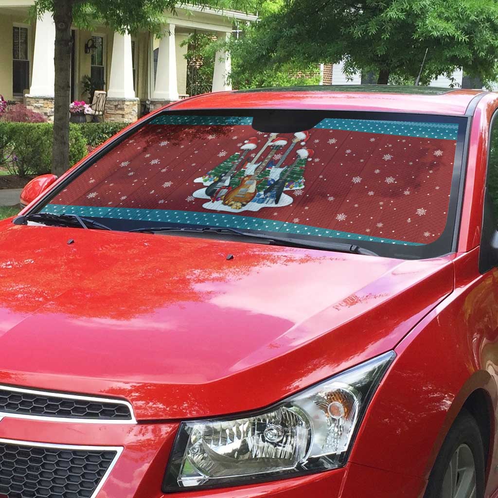 Christmas Guitar Auto Sun Shade with Santa Hats Trees Snowflakes and Musical Pattern - Wonder Print Shop
