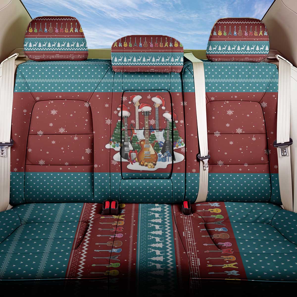 Christmas Guitar Back Car Seat Cover with Santa Hats Trees Snowflakes and Musical Pattern - Wonder Print Shop