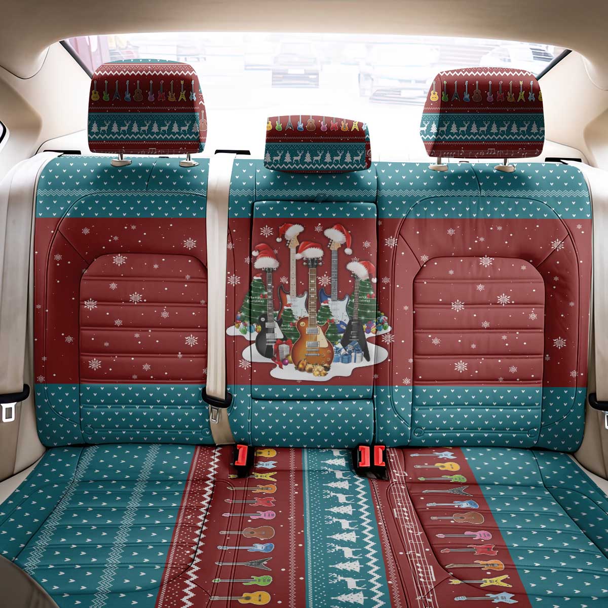 Christmas Guitar Back Car Seat Cover with Santa Hats Trees Snowflakes and Musical Pattern - Wonder Print Shop