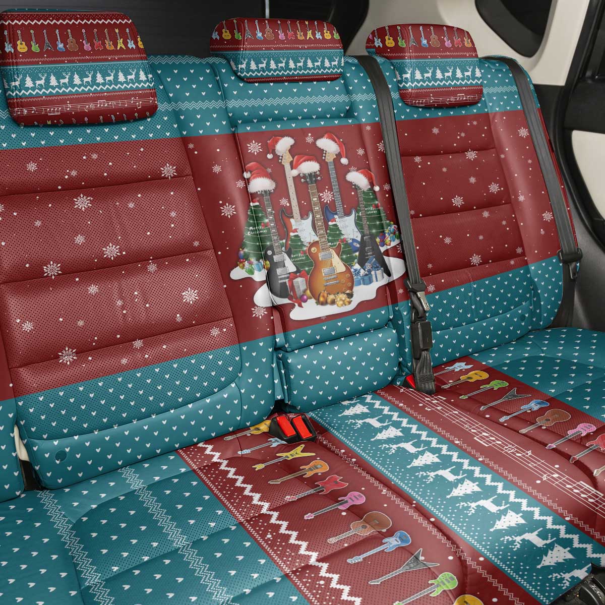 Christmas Guitar Back Car Seat Cover with Santa Hats Trees Snowflakes and Musical Pattern - Wonder Print Shop