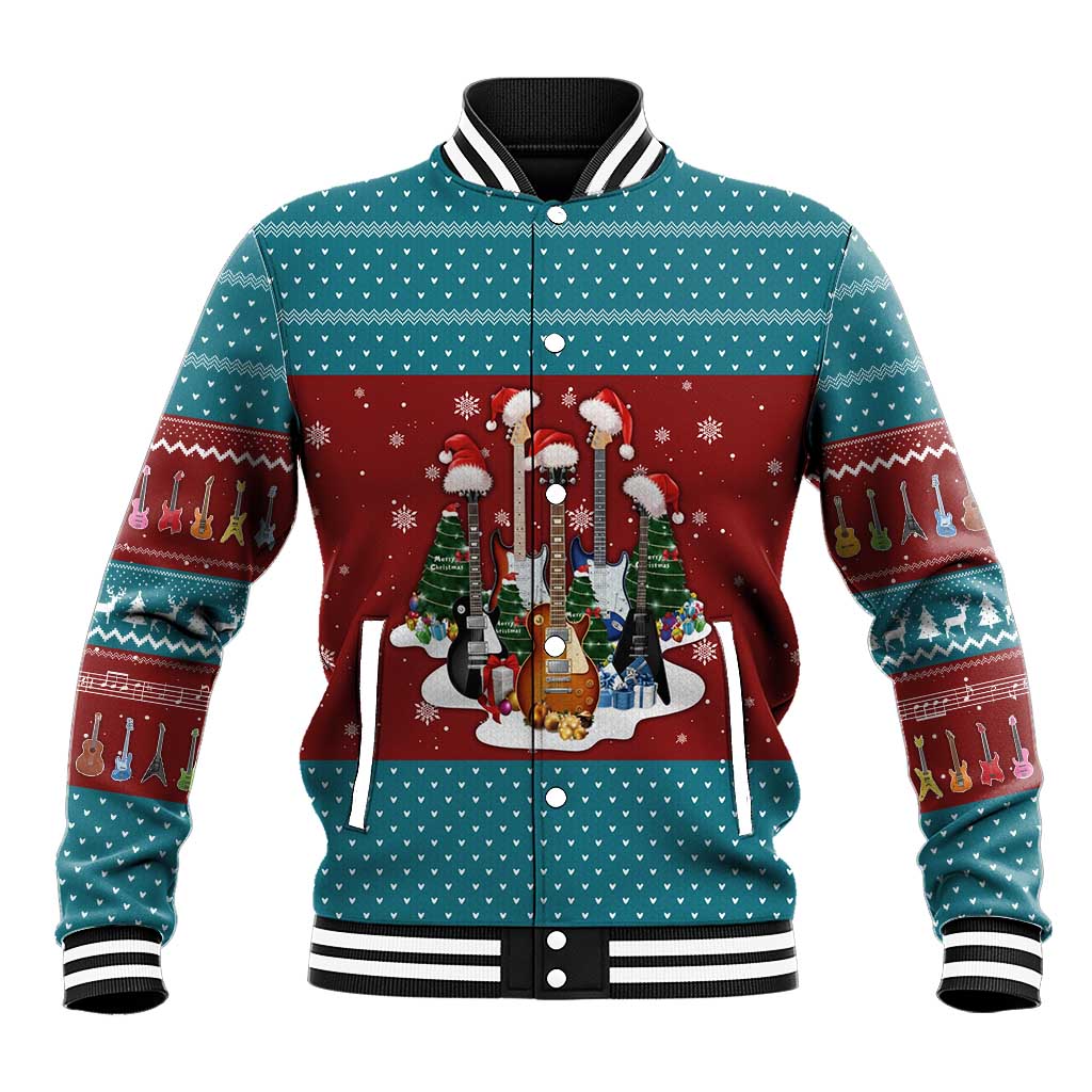 Christmas Guitar Baseball Jacket with Santa Hats Trees Snowflakes and Musical Pattern - Wonder Print Shop