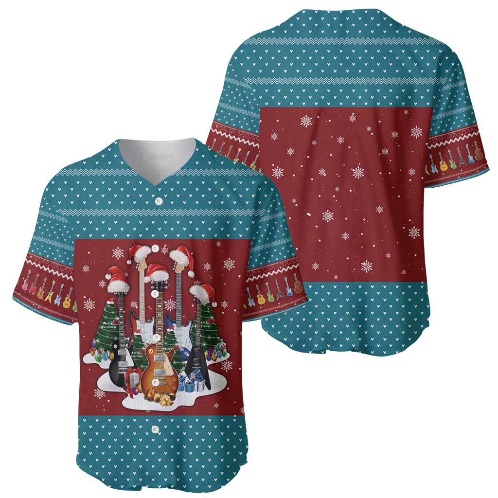 Christmas Guitar Baseball Jersey with Santa Hats Trees Snowflakes and Musical Pattern - Wonder Print Shop