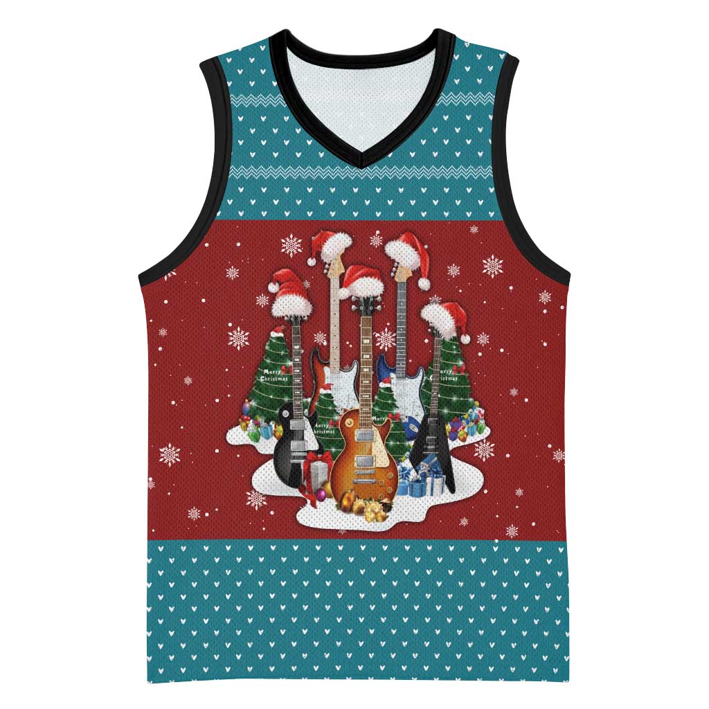 Christmas Guitar Basketball Jersey with Santa Hats Trees Snowflakes and Musical Pattern - Wonder Print Shop