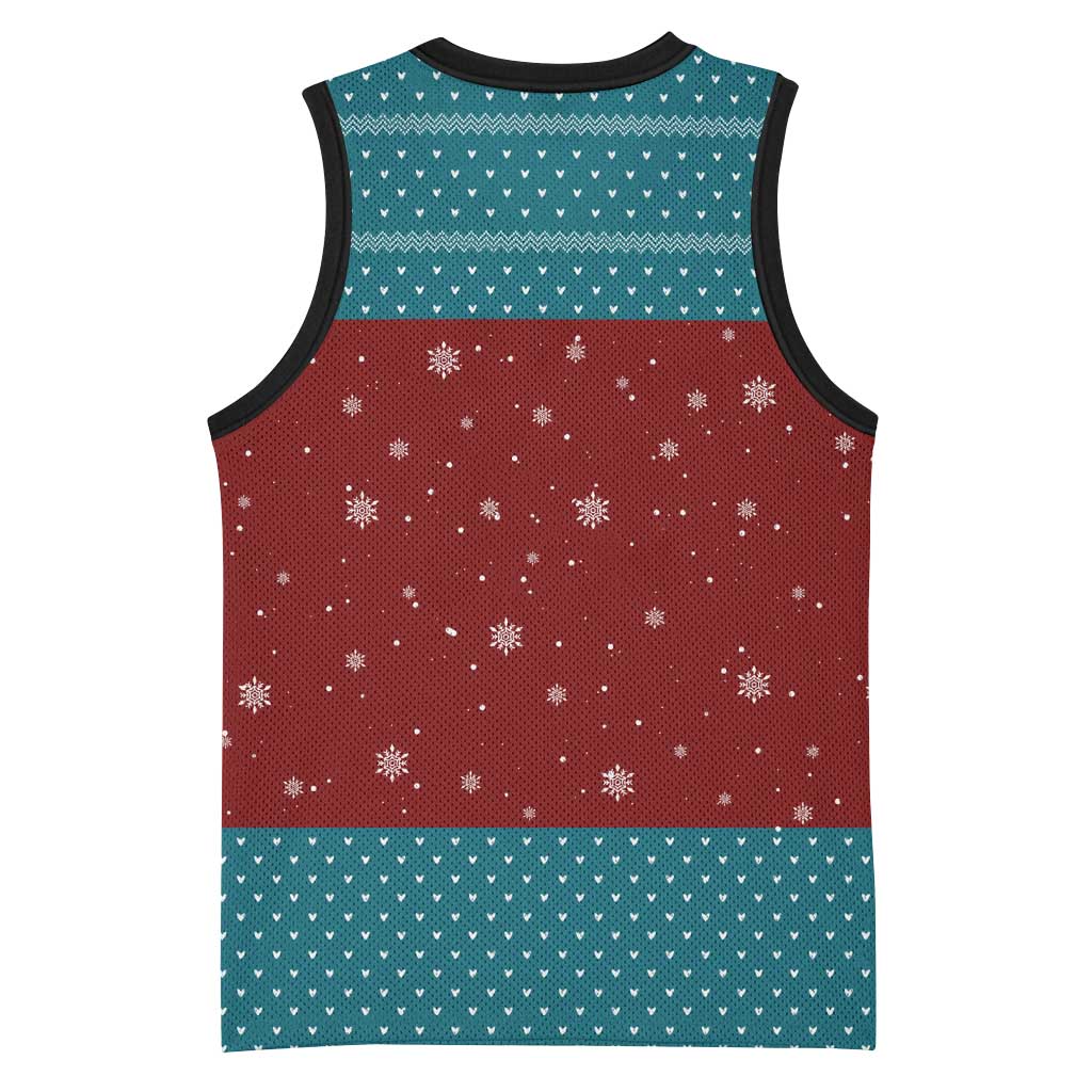 Christmas Guitar Basketball Jersey with Santa Hats Trees Snowflakes and Musical Pattern - Wonder Print Shop